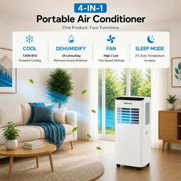 EMtronics 7K BTU Portable Air Conditioner Dehumidifier Fan and Window Vent Kit