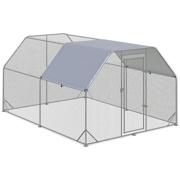 Silver wire mesh outdoor chicken coop with slanted roof panel and front door