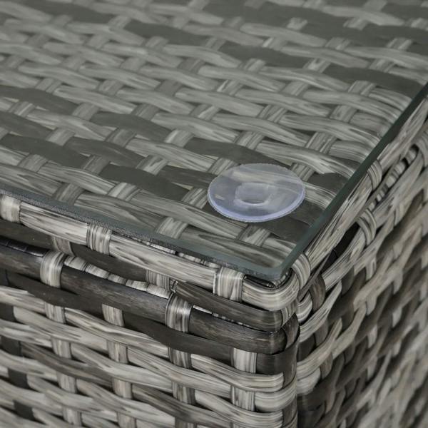 Grey PE rattan coffee table with glass top and rounded corner edge trim.