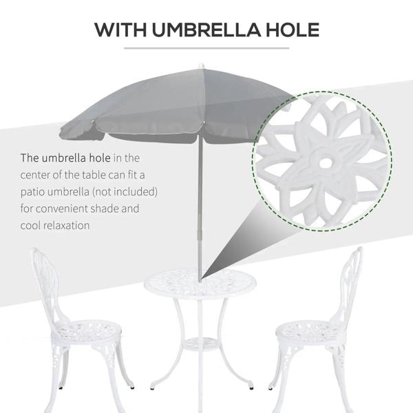 White bistro table with umbrella hole and two ornate chairs