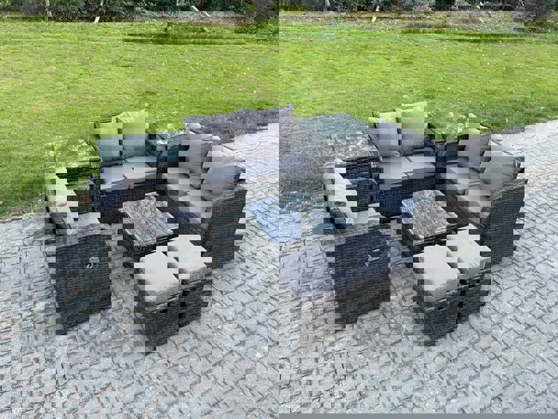 Fimous PE Rattan Garden Furniture Sets Outdoor Love Sofa Chair Set Square Coffee Table 2 Side Tables 2 Small Footstools
