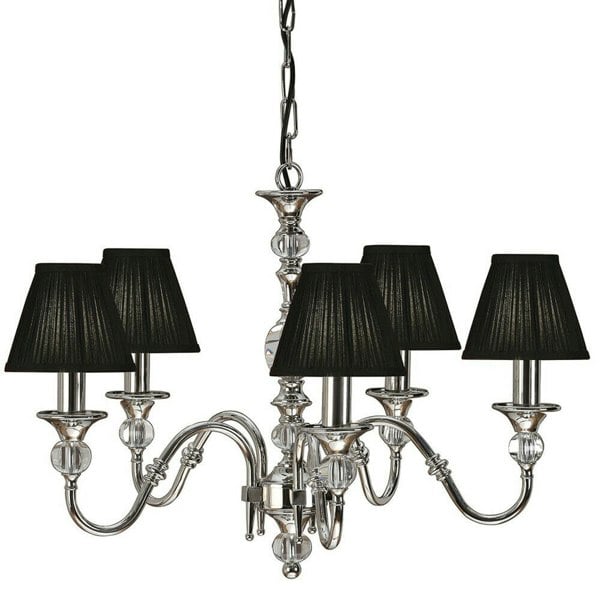 Diana Ceiling Pendant Chandelier Bright Nickel & Black Pleat Shade 5 Lamp Light Loops