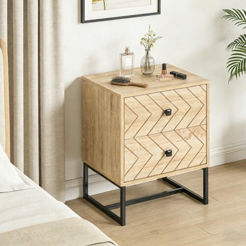 Wyld Haus Nema Diso Natural Wood 2 Drawer Nightstand With Zig Zag Chevron Design Black Handles