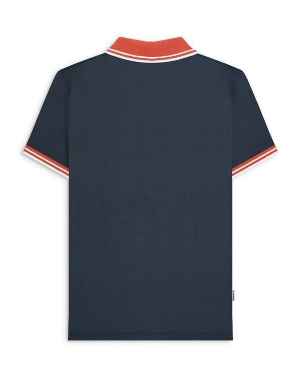 Lambretta Contrast Tipped Mens Mod Ska Casual Polo, rear view of a navy blue polo shirt with red and white striped contrast tips on the collar and sleeves.