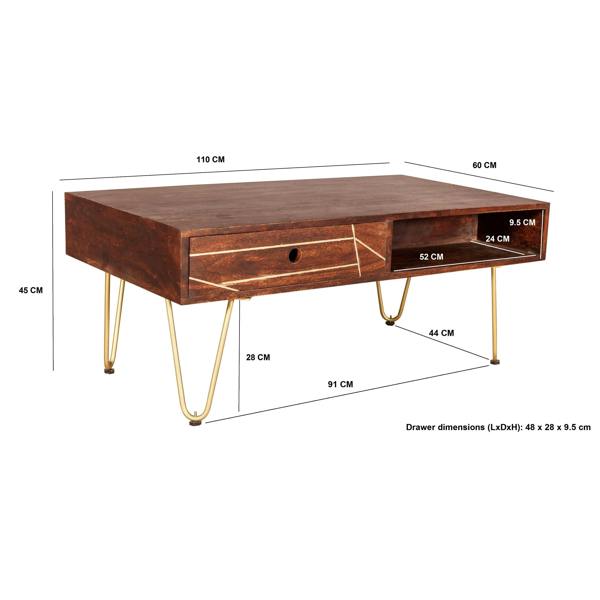 Wyld Haus Bandung Dark Mango Wood and Gold Rectangular Coffee Table 1 Drawer 1 Open Shelf