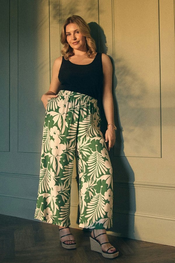 Green | Tropical Floral Wide Leg Trousers : Model is 5'8"/172 cm and wears UK14/EU42/US10/AUS14