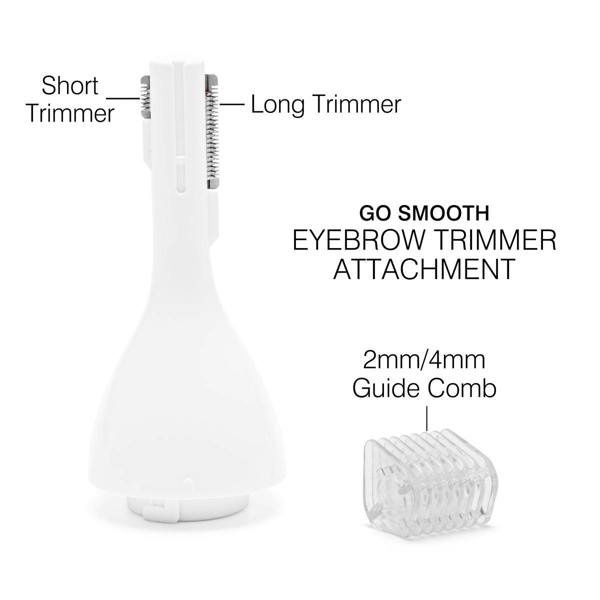 The Lady Shaver Bikini Trimmer  Eyebrow Trimmer attachment is shown. The attachment includes a short trimmer and a long trimmer for shaping and detailing eyebrows. A 2mm/4mm guide comb is placed alongside for added trimming precision.
