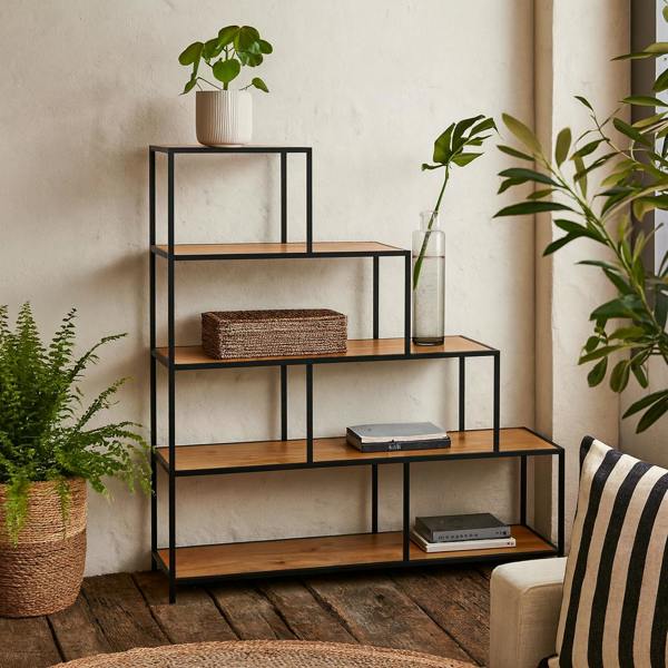 Wyld Haus El Paso Black Metal and Natural Oak Veneer Frame Bookcase 4 Shelves in Step Design