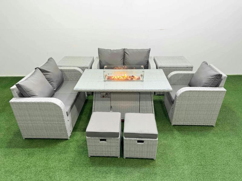 Fimous High Back Poly Rattan Garden Furniture Set, Reclining Chair, Loveseat, Firepit Table, Indoor Outdoor, 2 Stool, 2 Side Table, Light Grey