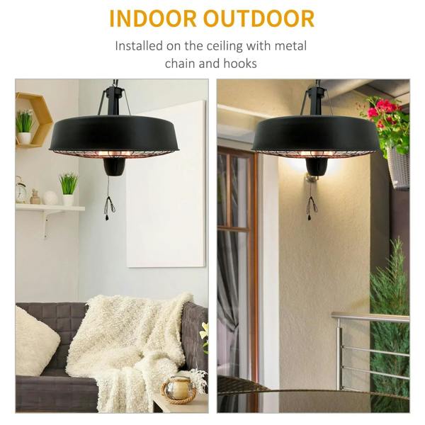 Black hanging patio heater installed from ceiling with metal chain and support hooks