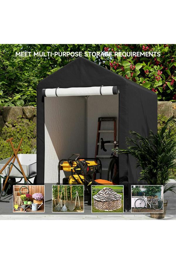 Living and Home 3x5FT/4x6FT Outdoor Storage Shed Bicycle Shelter with Waterproof Apex Roof and Roll-Up Door,Black