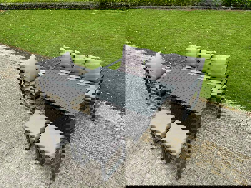 Fimous 6 Seater Aluminium Outdoor Dining Set with Adjustable Rising Dining Table Chairs with 2 Footstools - Dark Grey