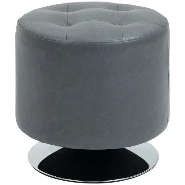 Round grey PU ottoman footstool with thick padded top and swivel metal base