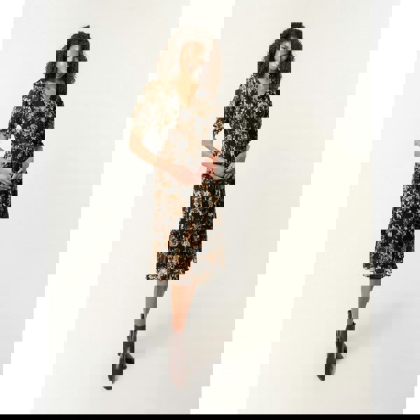 Blue Vanilla Floral Mesh Wrap Front Tiered Midi Dress