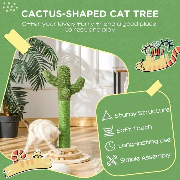Green cactus-shaped cat tree scratching post with round wooden base
