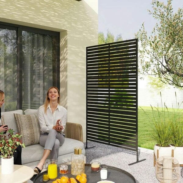 Decorative Privacy Fence Screen, Metal Outdoor Privacy Screen Climbing Plant Trellis with Stand, 122 x 198 cm, Black - Black/Striped