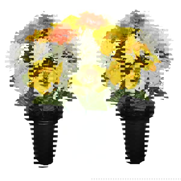 Memorials Direct Premium Artificial Grave Flowers – 25cm Yellow Rose With Chrysanthemum & Pansy | Memorial Vase Pot