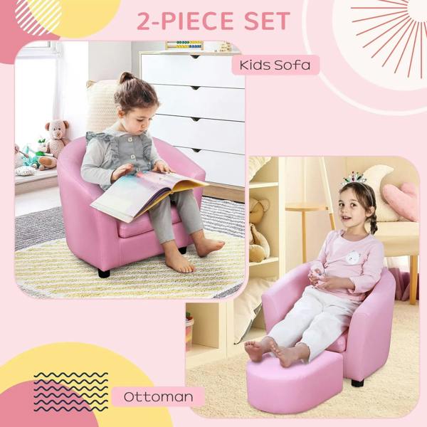 Pink kids armchair with matching ottoman footstool, child seated