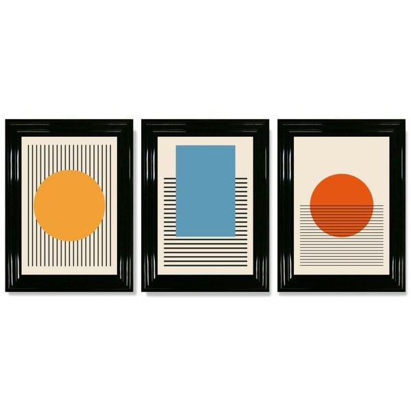 Set of 3 Geometric Yellow Blue Red Framed Art Prints with Glossy Black Frames