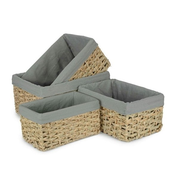 Small Thatch Grass Woven Storage Basket with Grey Cotton Lining