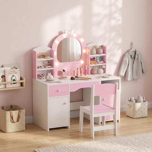 Kids Vanity Set, Kids Dressing Table with Stool, 2-Colour Lights Mirror, Cabinet, Drawer and Shelves, Pink