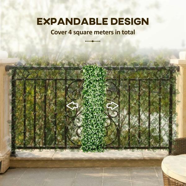 Expandable garden privacy trellis screen with green leaf-covered lattice