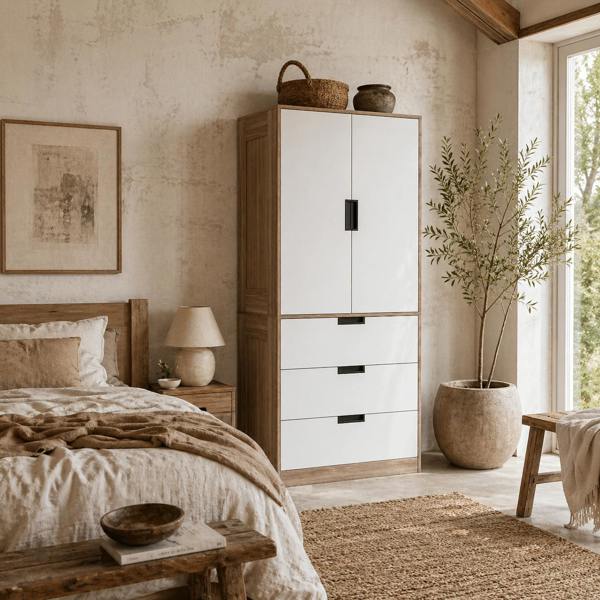 Wyld Haus Coracasa White And Brown 2 Door Wardrobe With Hanging Rail and 3 Drawer Storage Unit