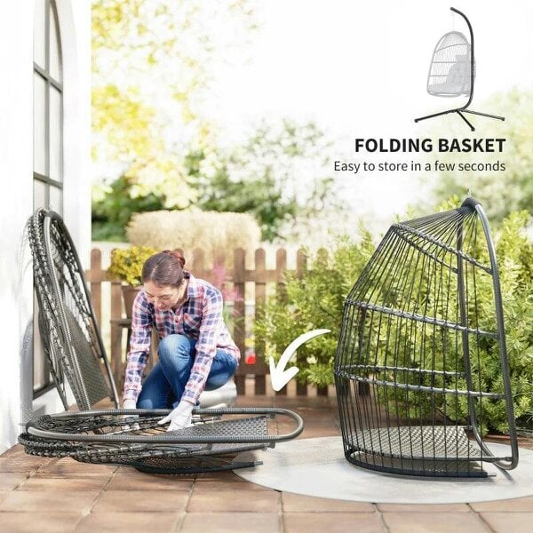 Bobobiy Rattan Hanging Egg Chair with Stand, Foldable Wicker Swing Egg Chair with Cushion, Steel Frame, Hammock Chair, Capacity 150 kg, Dark Grey