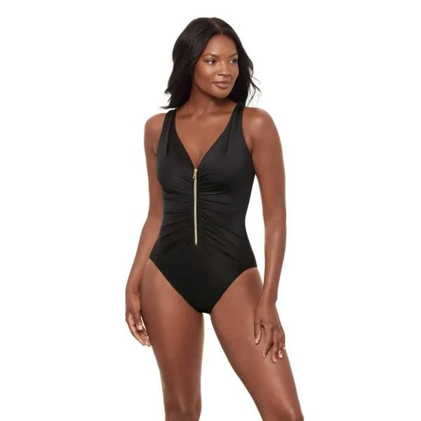 Black Miraclesuit Razzle Dazzle Zipt swimsuit with gold zipper