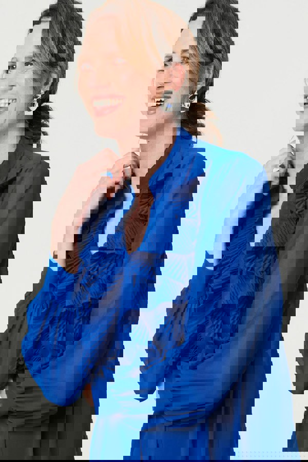 Blue | Sheer Ruffled V-Neck Long Sleeve Blouse
