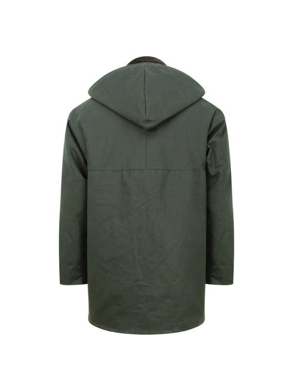 Back view of Hoggs of Fife waxed jacket with hood providing full coverage for farm and field use