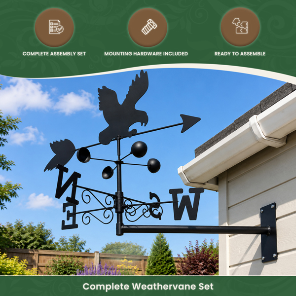 Eagle Weathervane, All-Steel Black Painted Weather Vane With Wall Fixings and 1.7m Ground Spike, Wind Speed Cups
