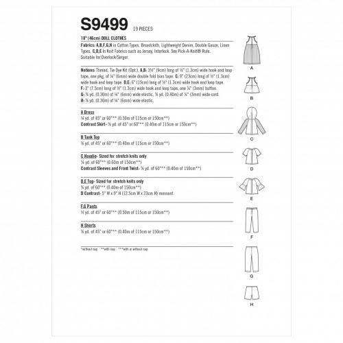 Simplicity Sewing Pattern 9499, Doll Clothes OS (One Size) - Intermediate