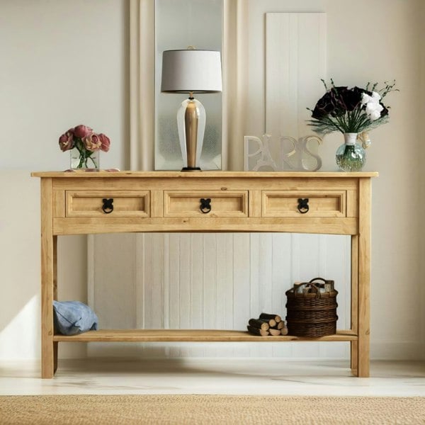 Rafaelo Mobilia Pine Hallway Console Table With 2 Drawers Brown
