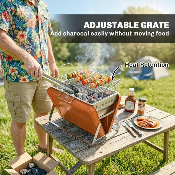 Bobobiy Charcoal BBQ Grill Portable Stainless Steel Barbecue with Tilting Grate for Camping Picnic Garden Orange