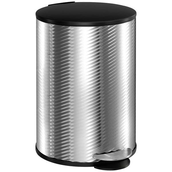 Compact stainless steel home bin with black lid and foot pedal