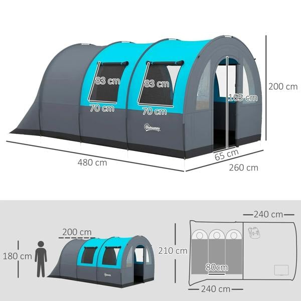 Grey and blue two-room tunnel tent with arched entrances and inner partition