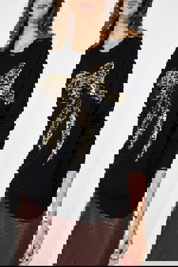 Black | Sparkly Bow Detail Long Sleeve Jumper
