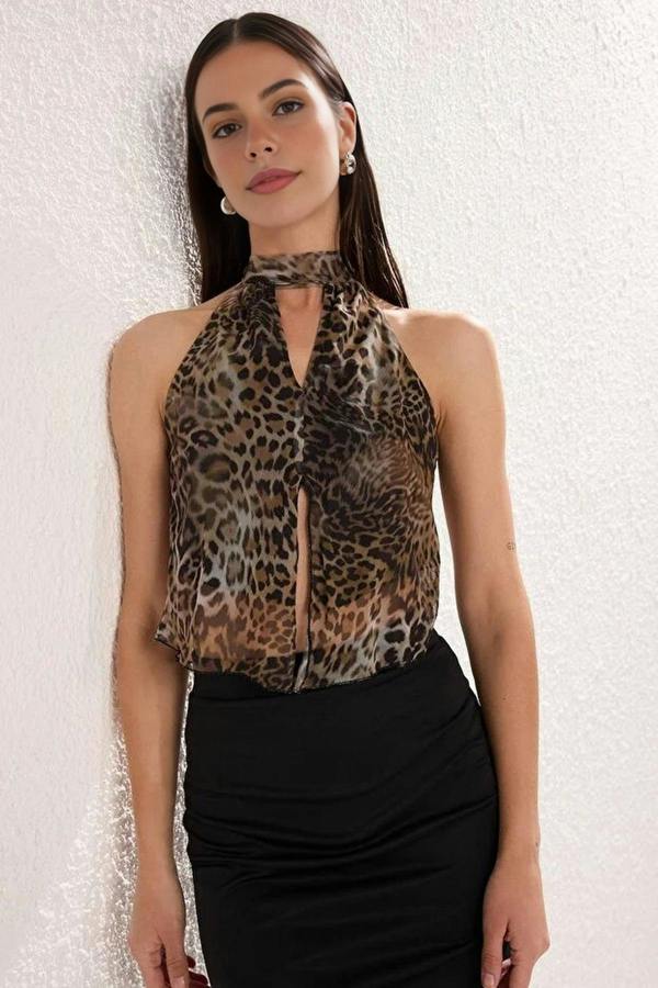WOVCOR Tie-Up Knitted Tulle Party Blouse