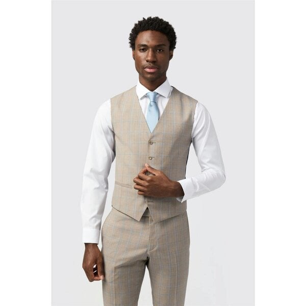 Alexandre Silver Alexandre Slim Fit Italian Oatmeal Blue Check Waistcoat