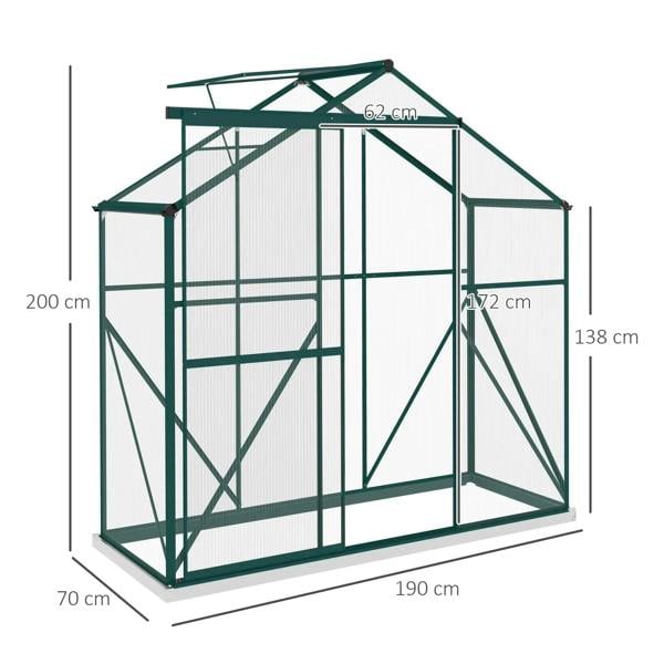 Green polycarbonate walk-in greenhouse with double doors and metal base frame