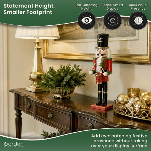 Large Christmas Nutcracker Figure, 50cm Tall Traditional Design in Red Coat and Black Hat, Indoor Festive Decoration Focal Point