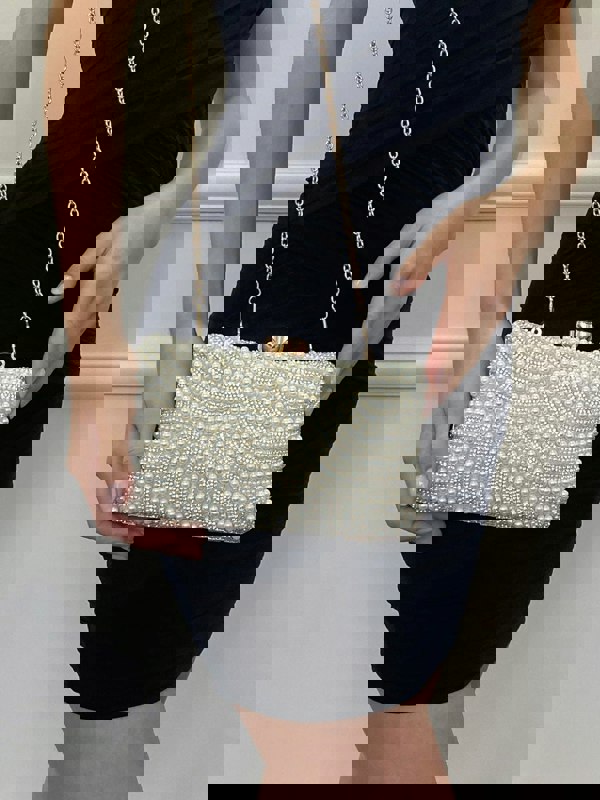 SVNX Luxurious Gold Pearl Embellished Clutch Bag