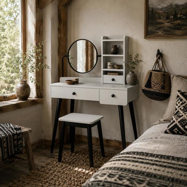 Wyld Haus Ravato Grey Dressing Table And Stool Set With 3 Drawers And Open Shelving