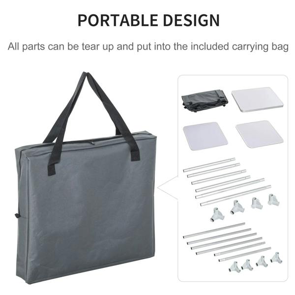 Grey portable camping cupboard with foldable panels and included carrying bag.
