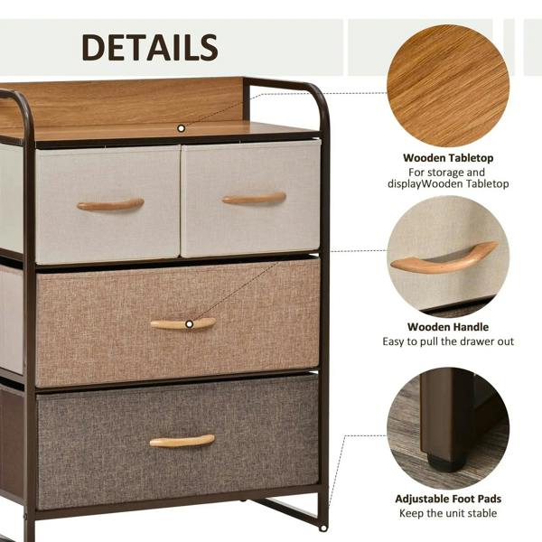 Wood top and curved handle drawers on a 4-drawer tower dresser, with adjustable foot pads