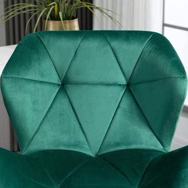 Green velvet-touch bar stool backrest with diamond tufting and stitched seams