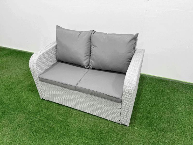 Fimous 3 Stools Rattan Lounge Set, High Back Poly, Reclining Loveseat, Coffee Table, Indoor Outdoor Patio and Side Table, Light Grey