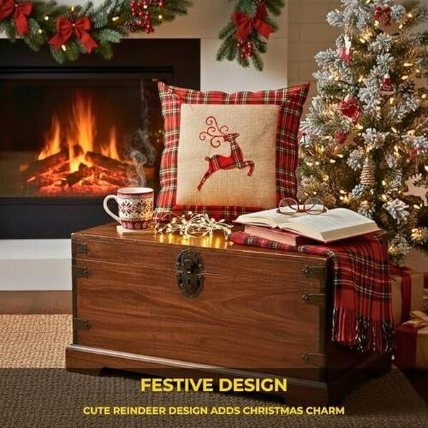 Shatchi 40x40cm 40x40cm Reindeer Print Christmas Cushion Cover in Brown Hessian and Non-Woven