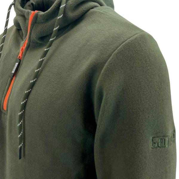 Game Trail 1/2 zip fleece hoodie in green with draw string and game branding on sleeve